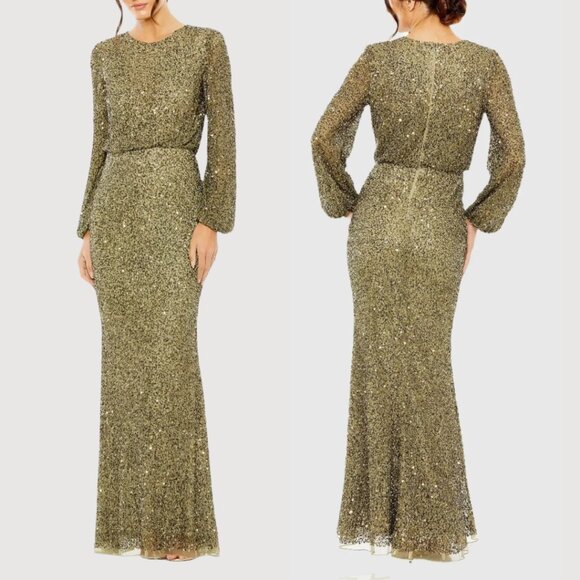 Mac Duggal 10044 Size 12 Olive Green Sequin Beaded Long Sleeve Maxi Gown Dress - Picture 2 of 4